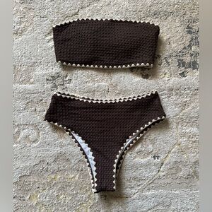 Brown Textured Knit High-Waist Bikini - New